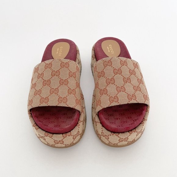 Gucci Angelina GG Platform Slides EU 38 US Women's 8 Tan Sandal Original Logo - Picture 2 of 12